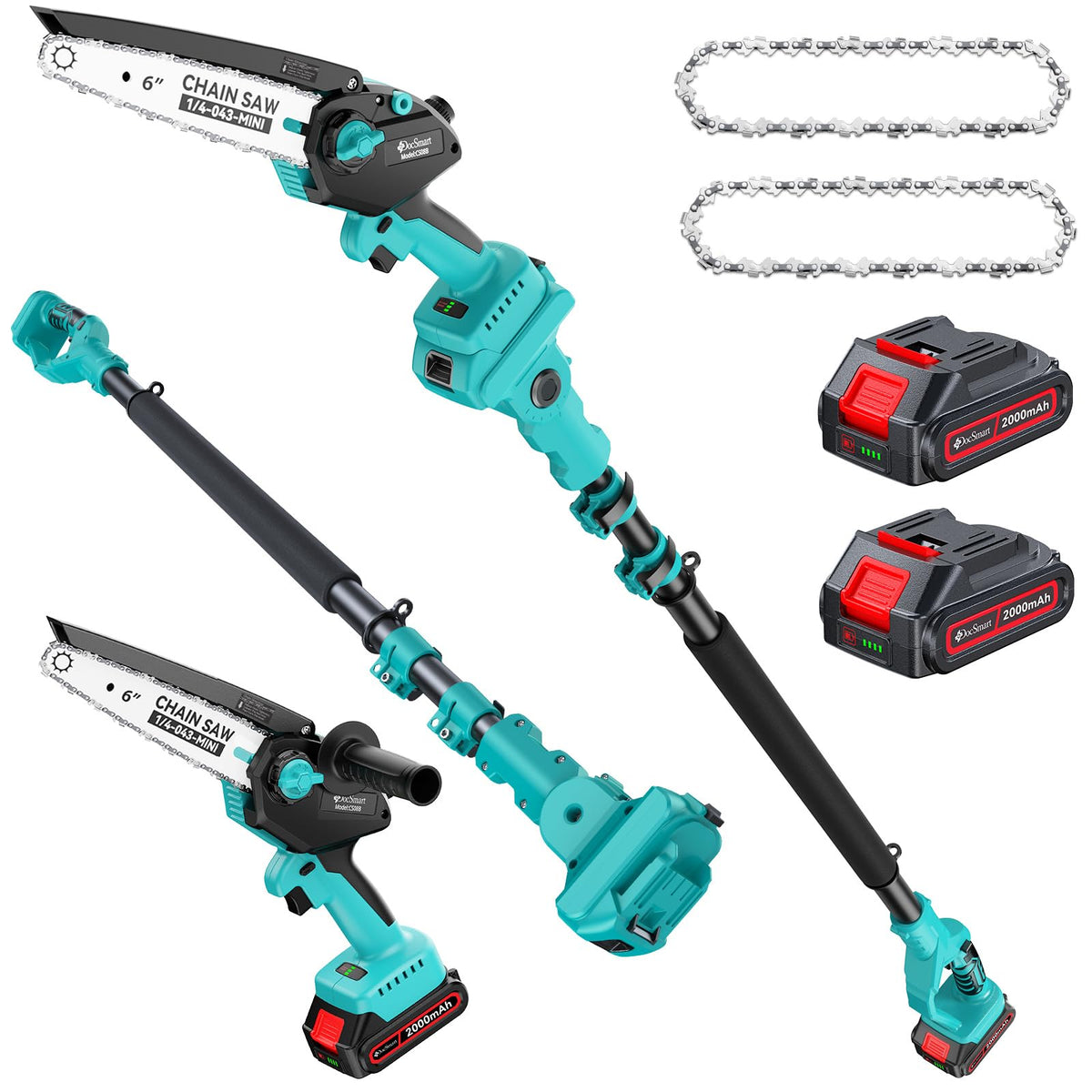 DocSmart front view of pole saw showing compact profile and controls, easy storage