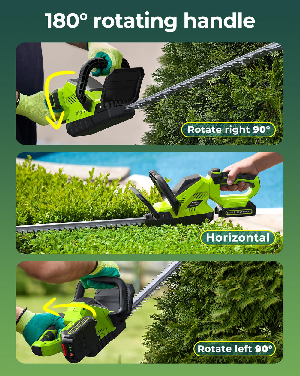 DocSmart in use trimming a hedge demonstrating comfortable cordless mobility