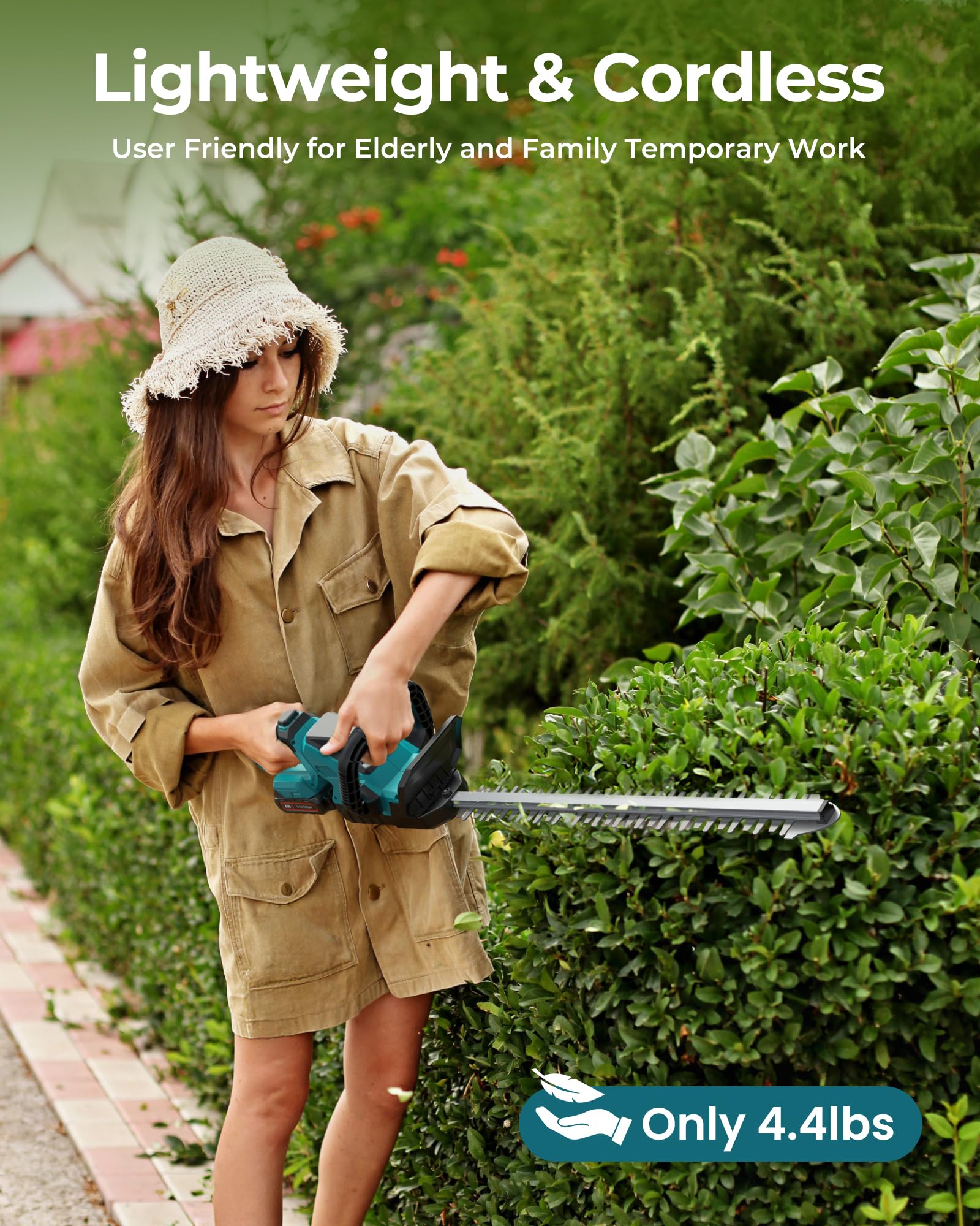 DocSmart trimming hedges in a home garden demonstrating cordless convenience and control