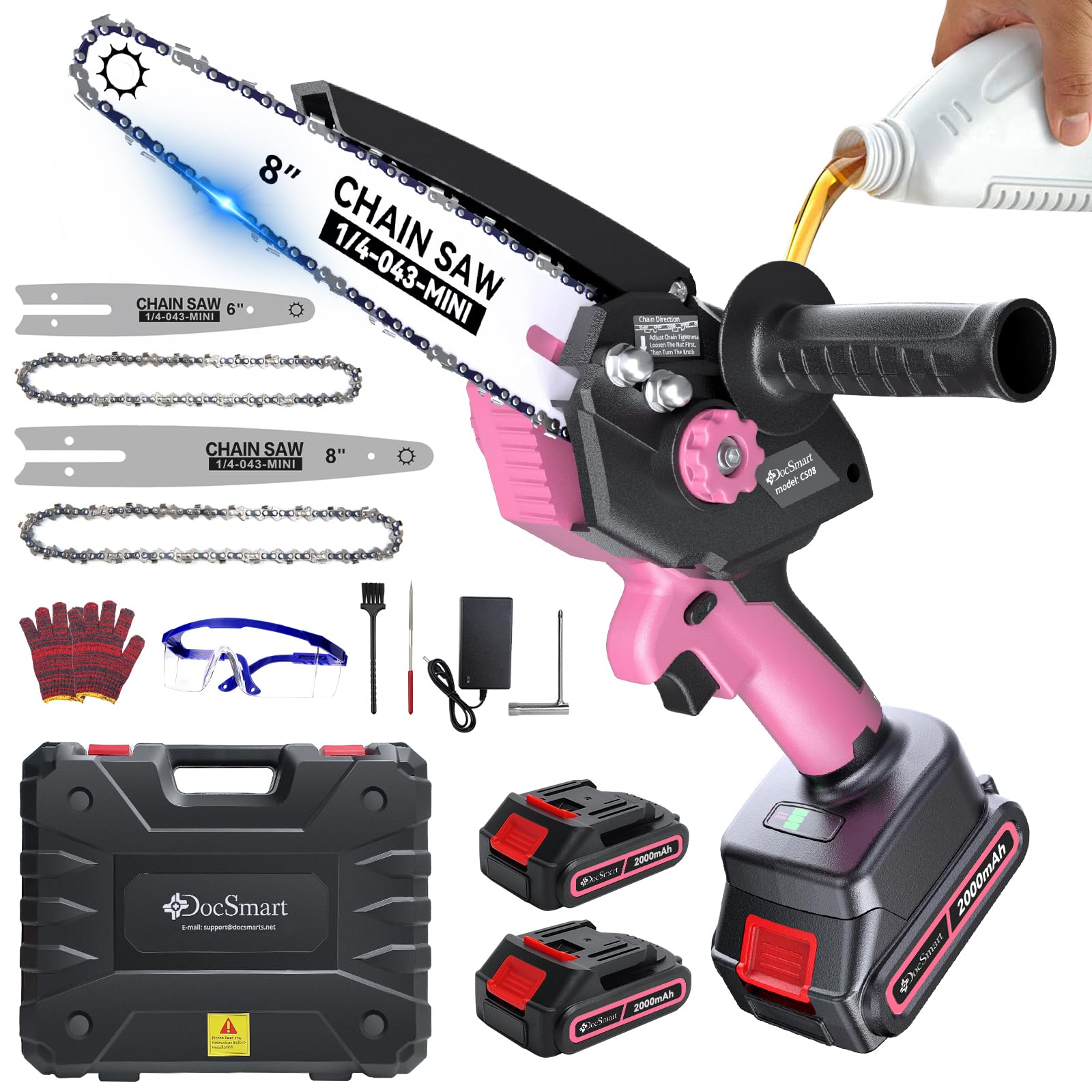 DocSmart front view showing compact chainsaw and pre-installed 8-inch bar for portable power