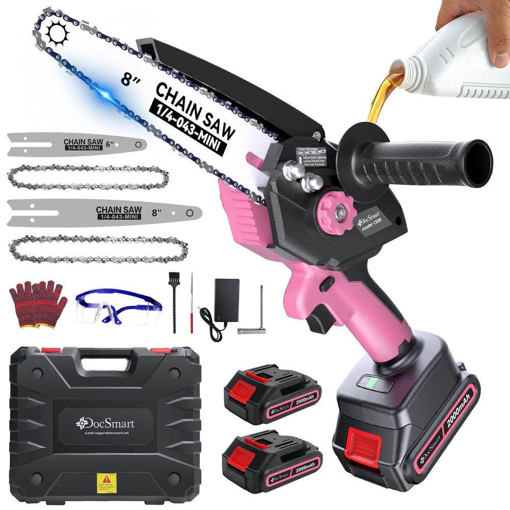 DocSmart front view showing compact chainsaw and pre-installed 8-inch bar for portable power