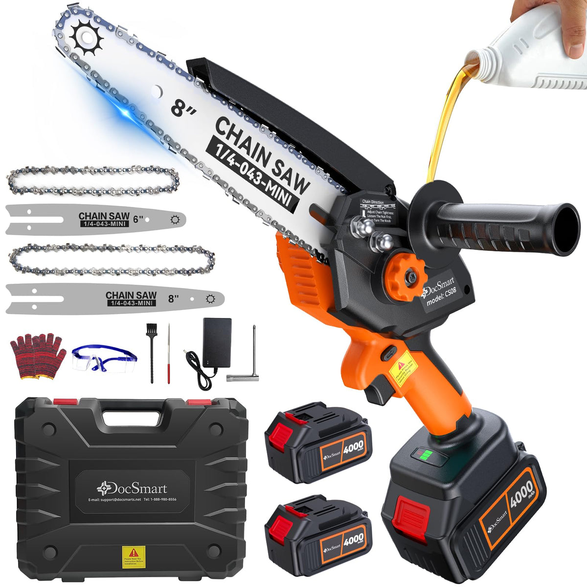 DocSmart mini chainsaw front view showing compact design and portability benefit