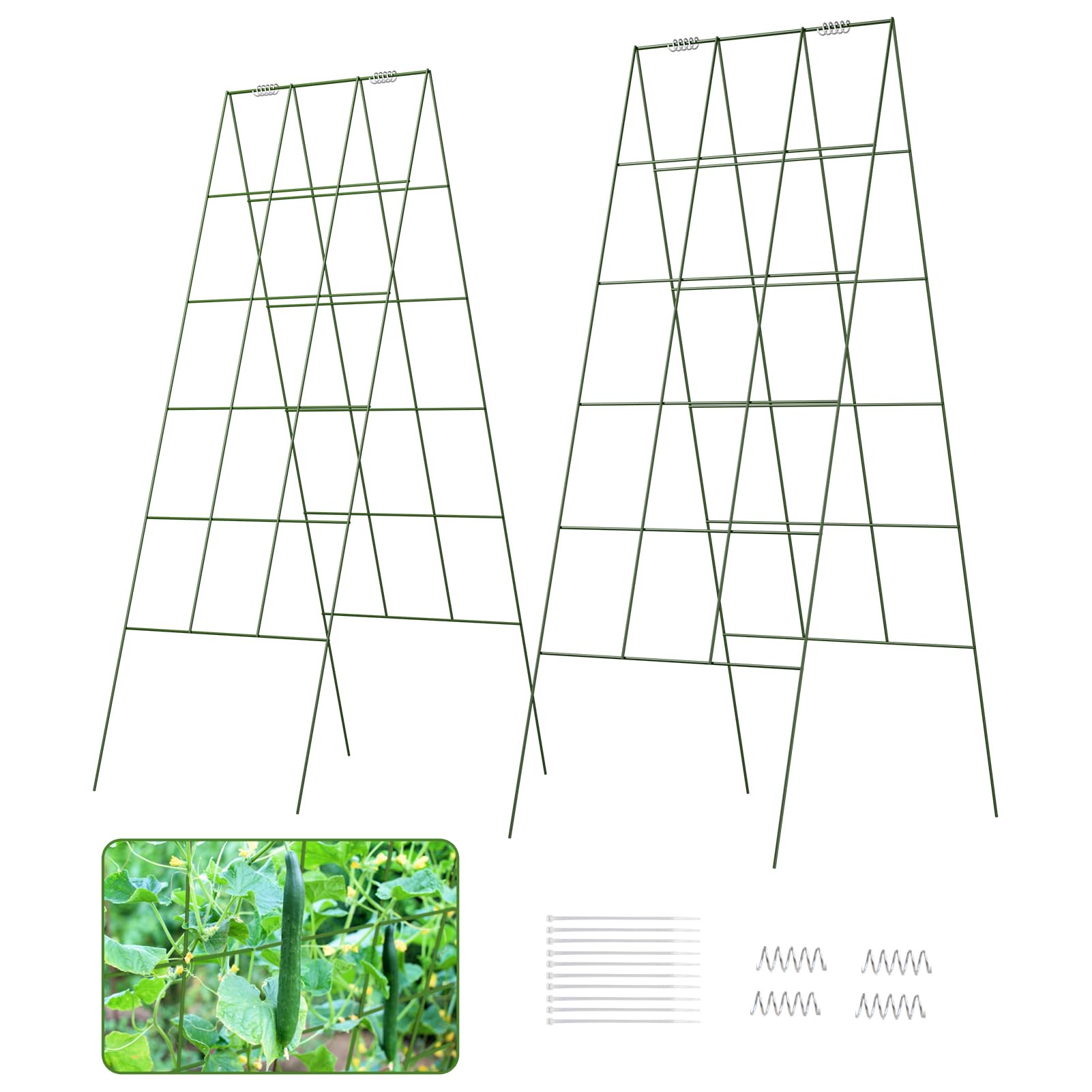 DOEWORKS trellis in garden with cucumbers highlighting easier harvesting
