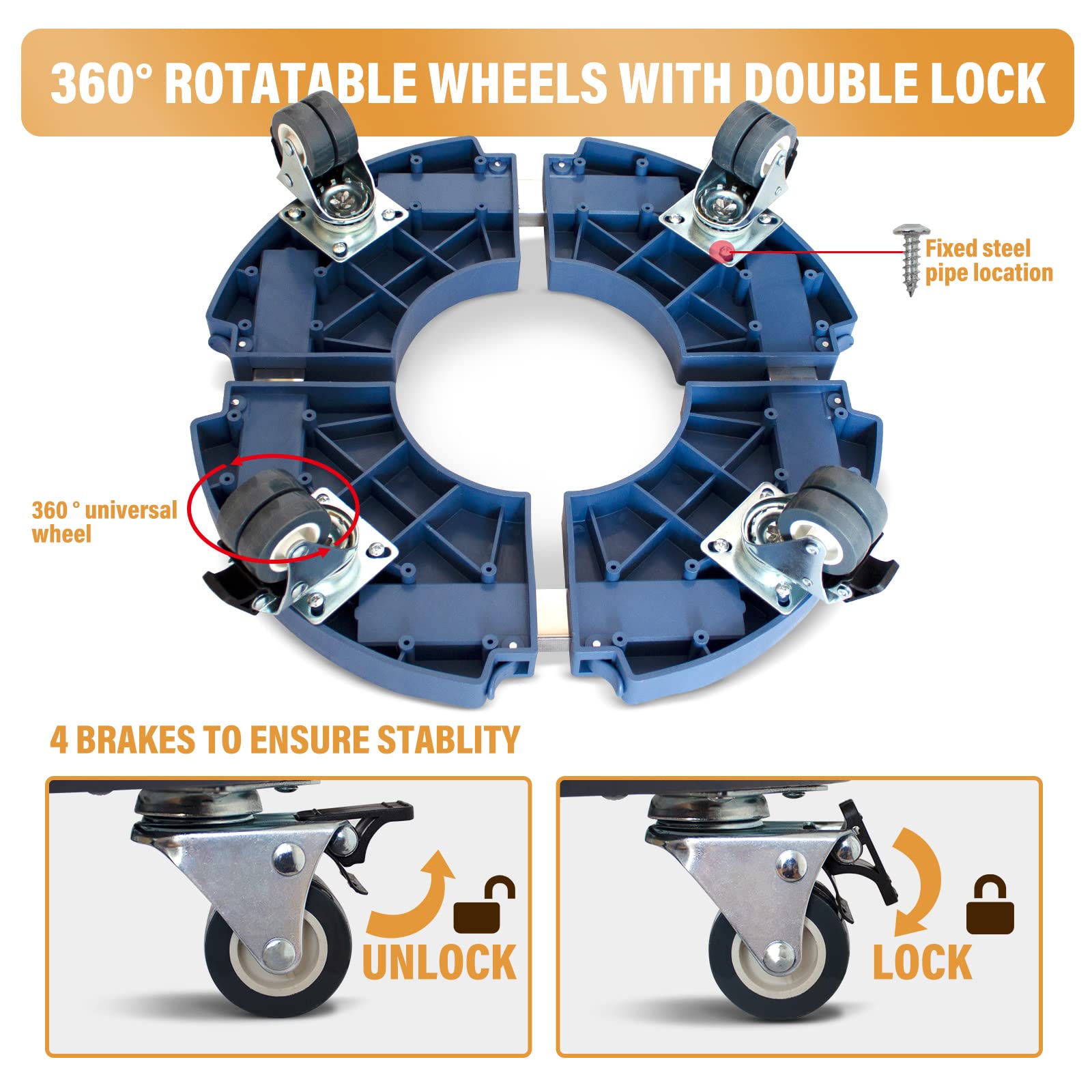 DOFIMATE close-up of locking double caster illustrating smooth roll and secure lock