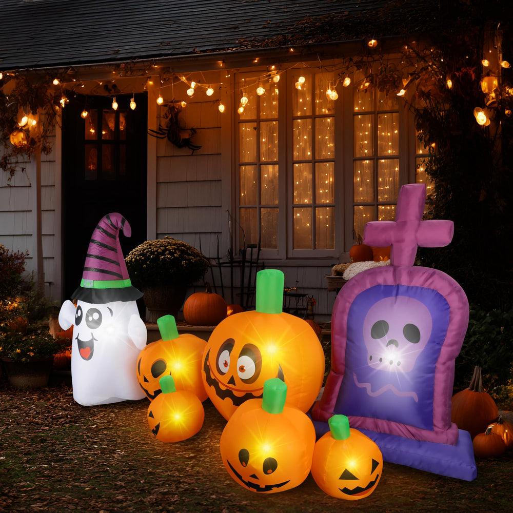 Dofulay tombstones staged on porch and lawn demonstrating decorating ideas