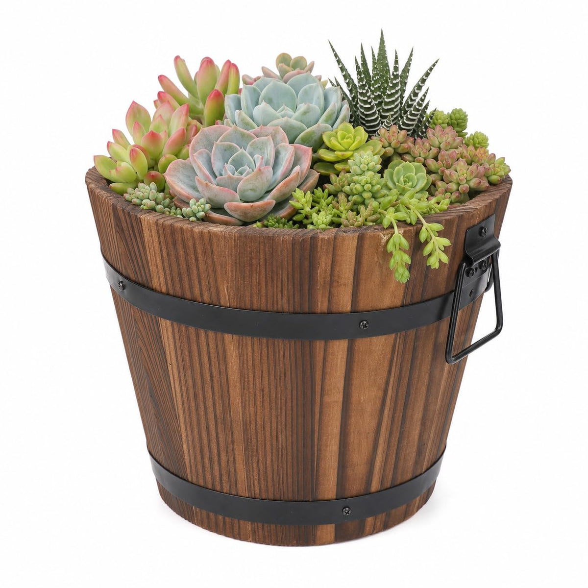 DOITOOL front view showing rustic barrel planter and cohesive design benefit