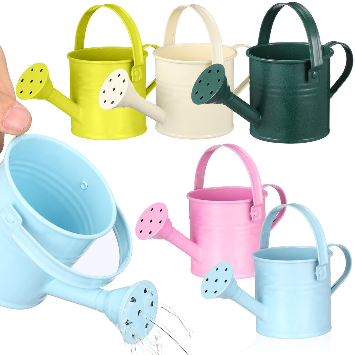 DOITOOL front view of five mini metal watering cans useful for kid gardening