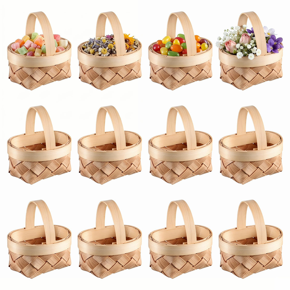 DOITOOL front view of 24 mini baskets showing farmhouse charm and ready use