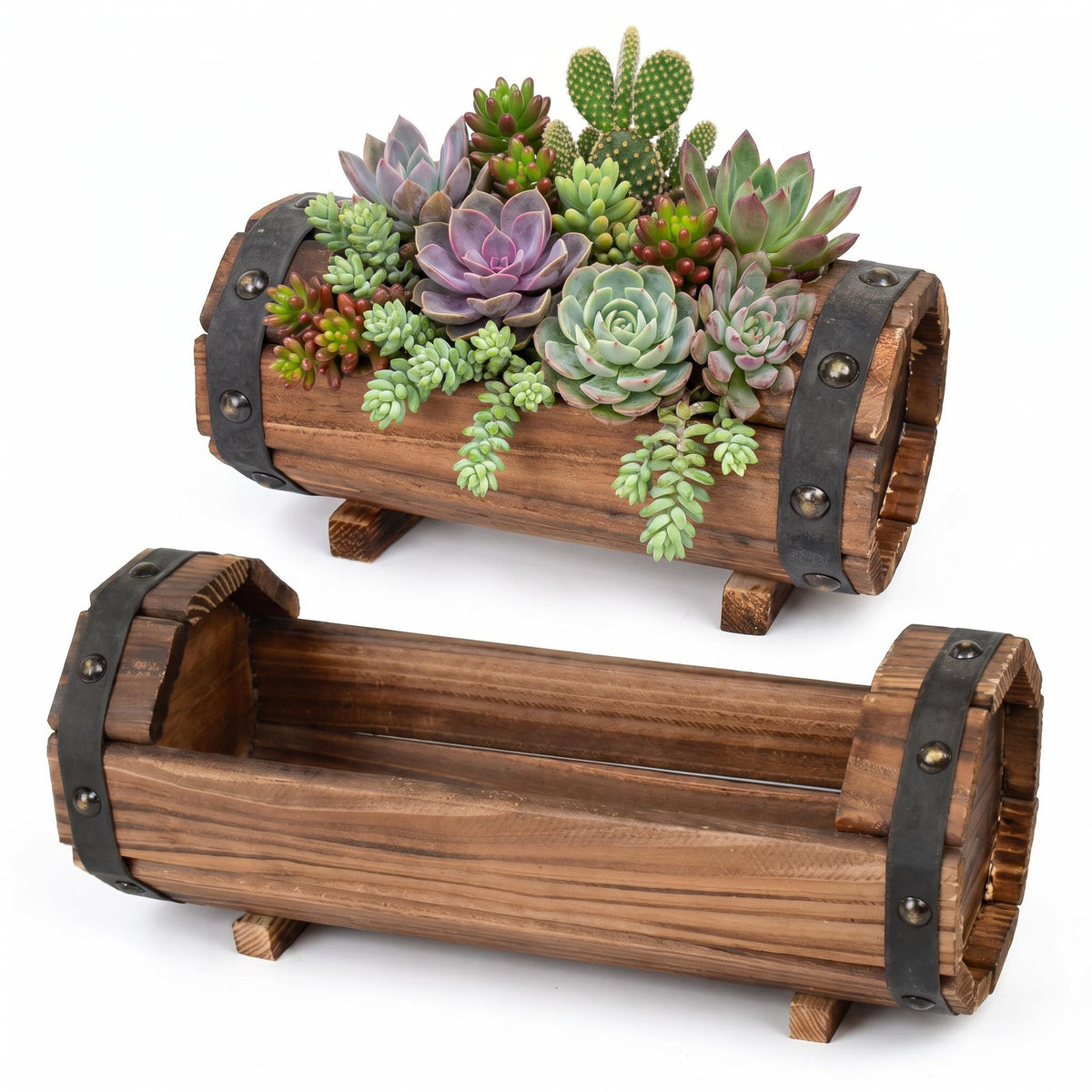 DOITOOL front view half barrel planters showing rustic charm and durable design