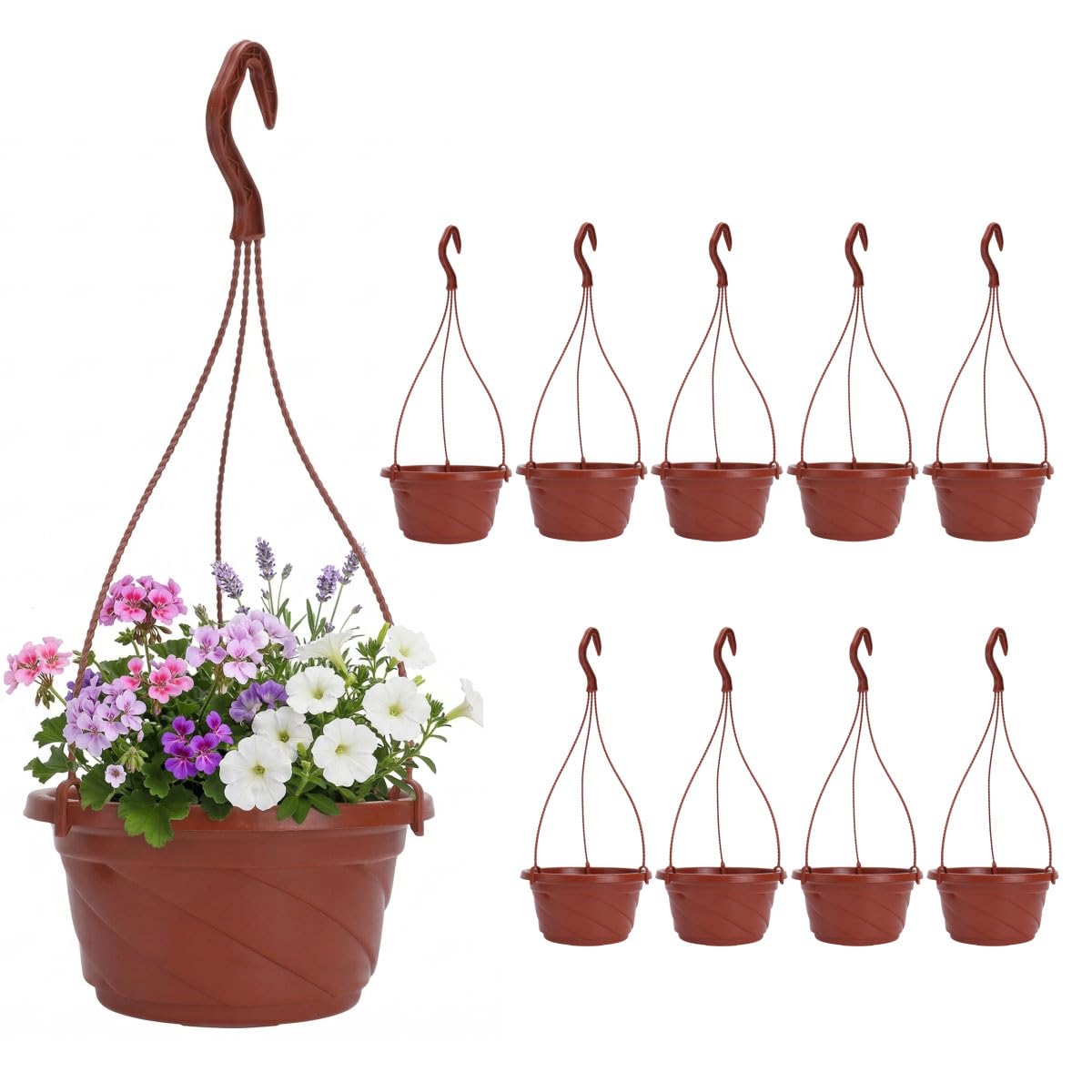 DOITOOL front view of ten brown hanging pots showing uniform display benefit