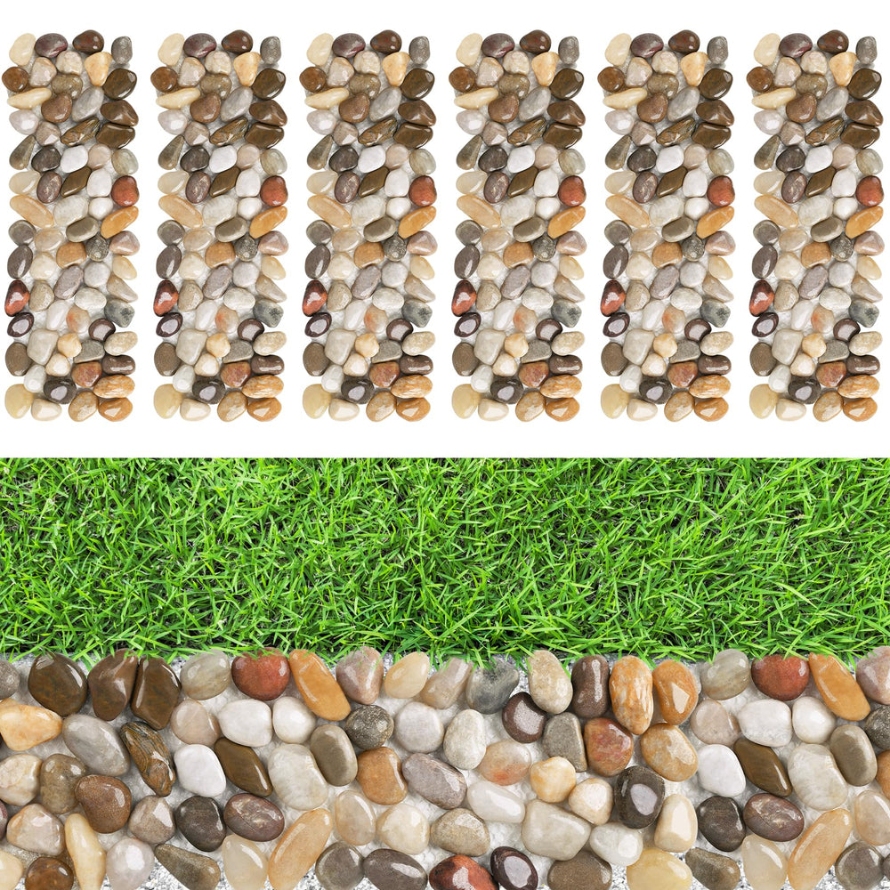 dojobkinb front view of six pebble stepping mats showing multi-color stones and benefit of curb appeal