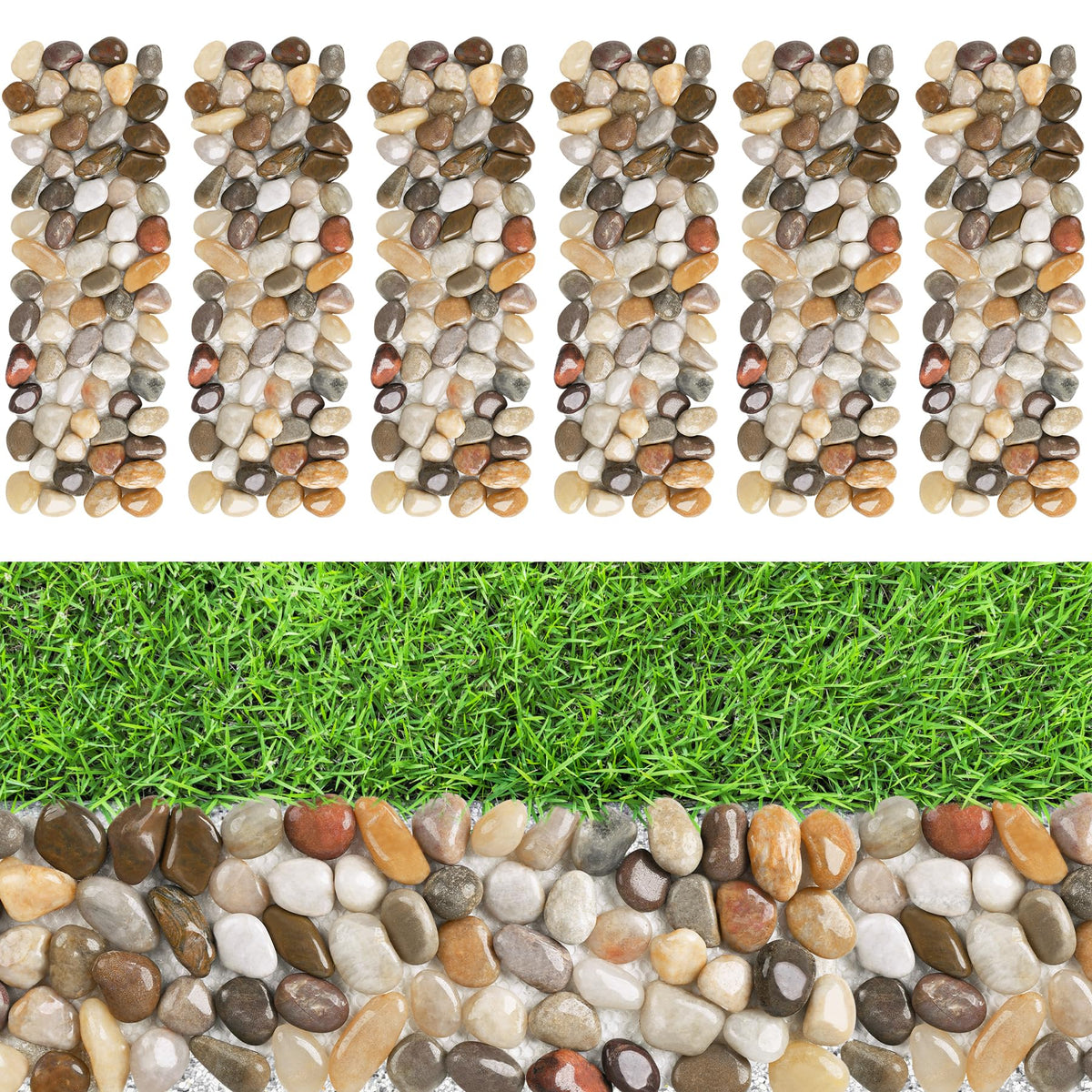 dojobkinb front view of six pebble stepping mats showing multi-color stones and benefit of curb appeal