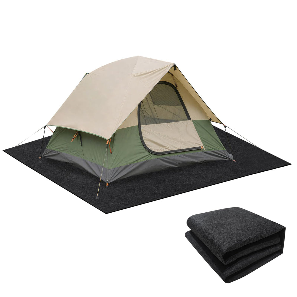 Dojomadf front view of tent carpet showing compact roll and protective benefits