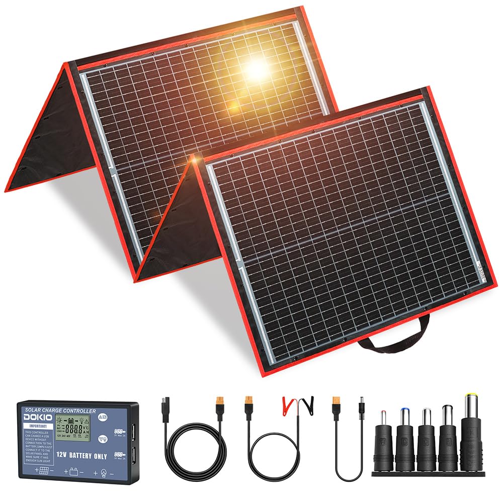 DOKIO folded 150W panel front view showing compact portability and easy transport