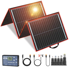 DOKIO folded 150W panel front view showing compact portability and easy transport