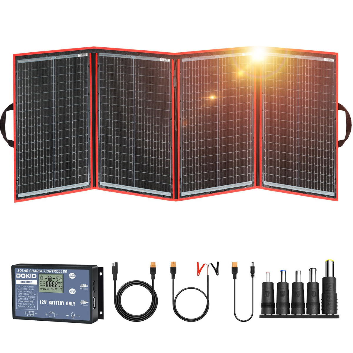 DOKIO folded panel front showing compact packaging and easy transport benefit