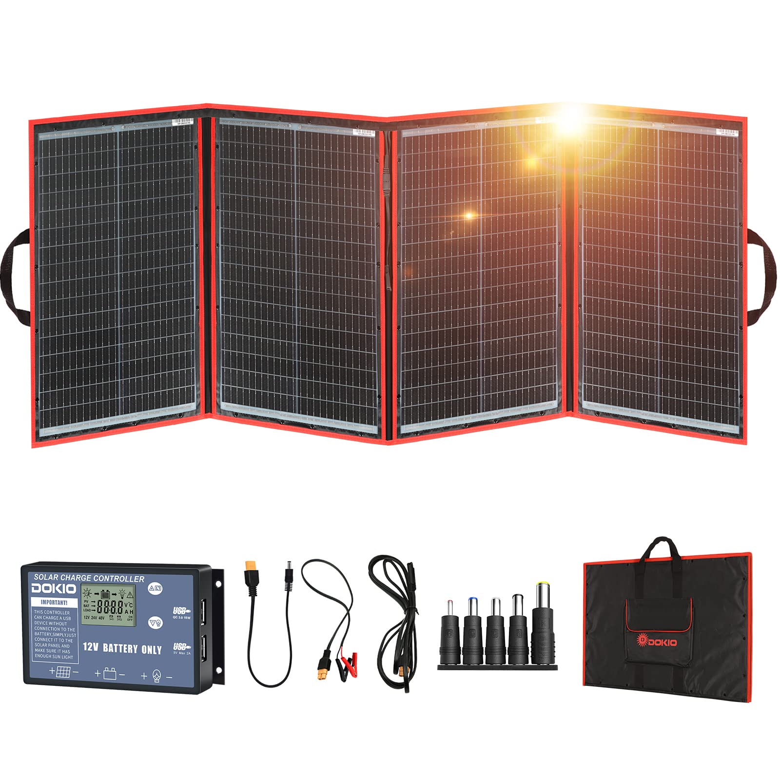 DOKIO folded 200W panel front view showing compact portability and easy storage