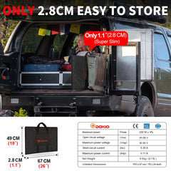 DOKIO 200W panel unfolded in sunlight demonstrating full surface area for higher output
