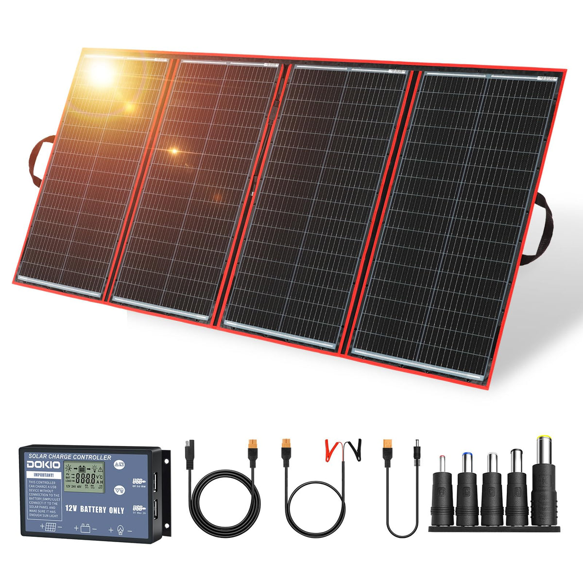 DOKIO 300W panel front view showing foldable panels and easy transport benefit