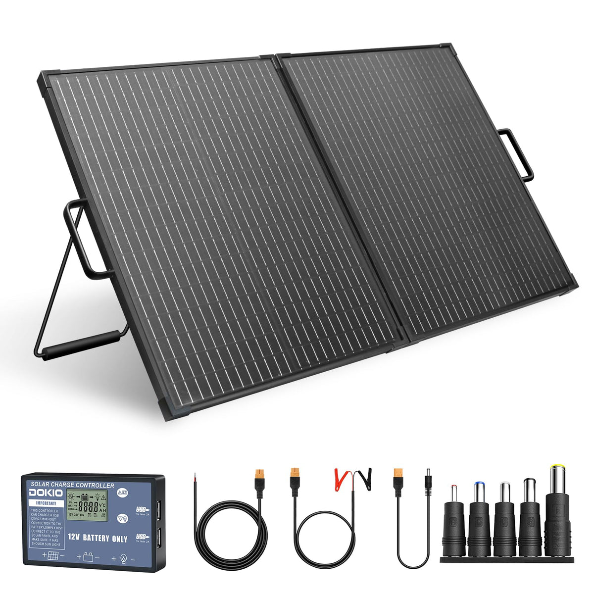 DOKIO foldable solar panel front view showing compact design and portability
