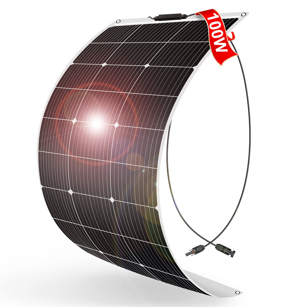 DOKIO front view of 100W flexible panel showing slim profile and portable power