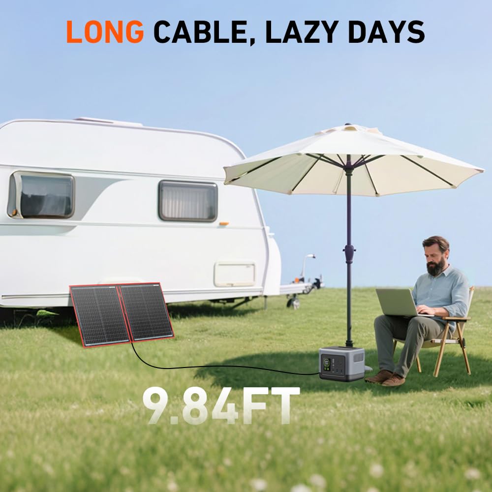 DOKIO panel set up at campsite charging battery and lighting gear
