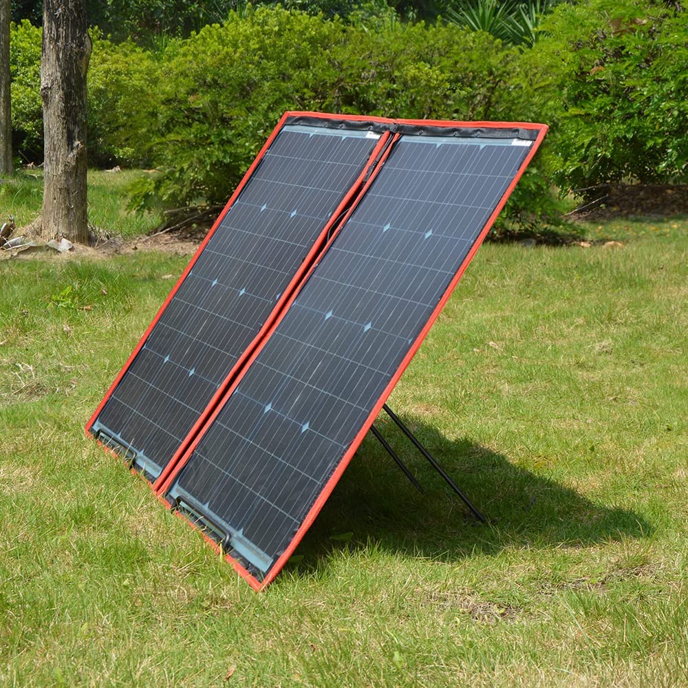 DOKIO tilt stand supporting a foldable panel at campsite for reliable power