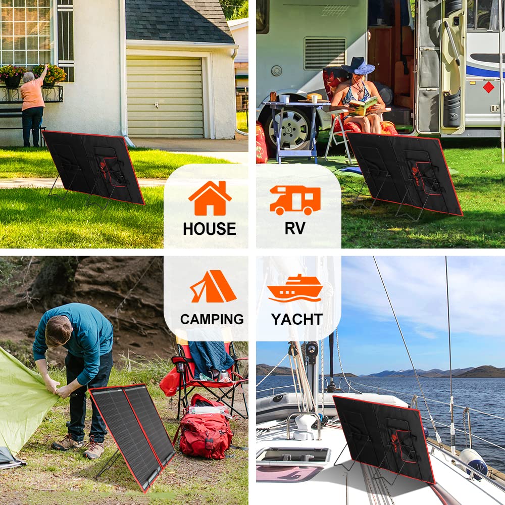 DOKIO tilt stand anchored with ground pegs to secure panels in wind