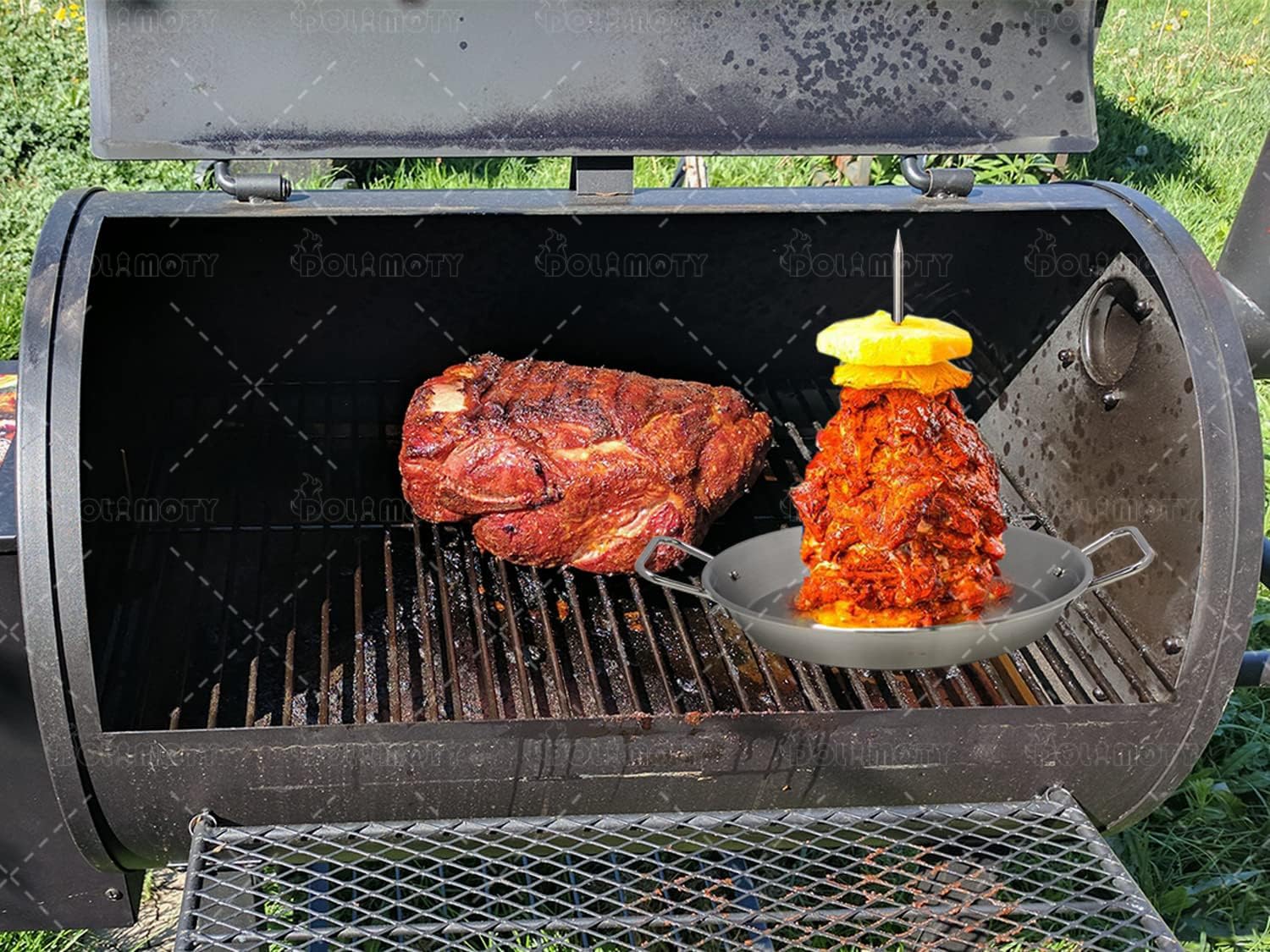 DOLAMOTY drip pan under skewer catching juices and simplifying cleanup