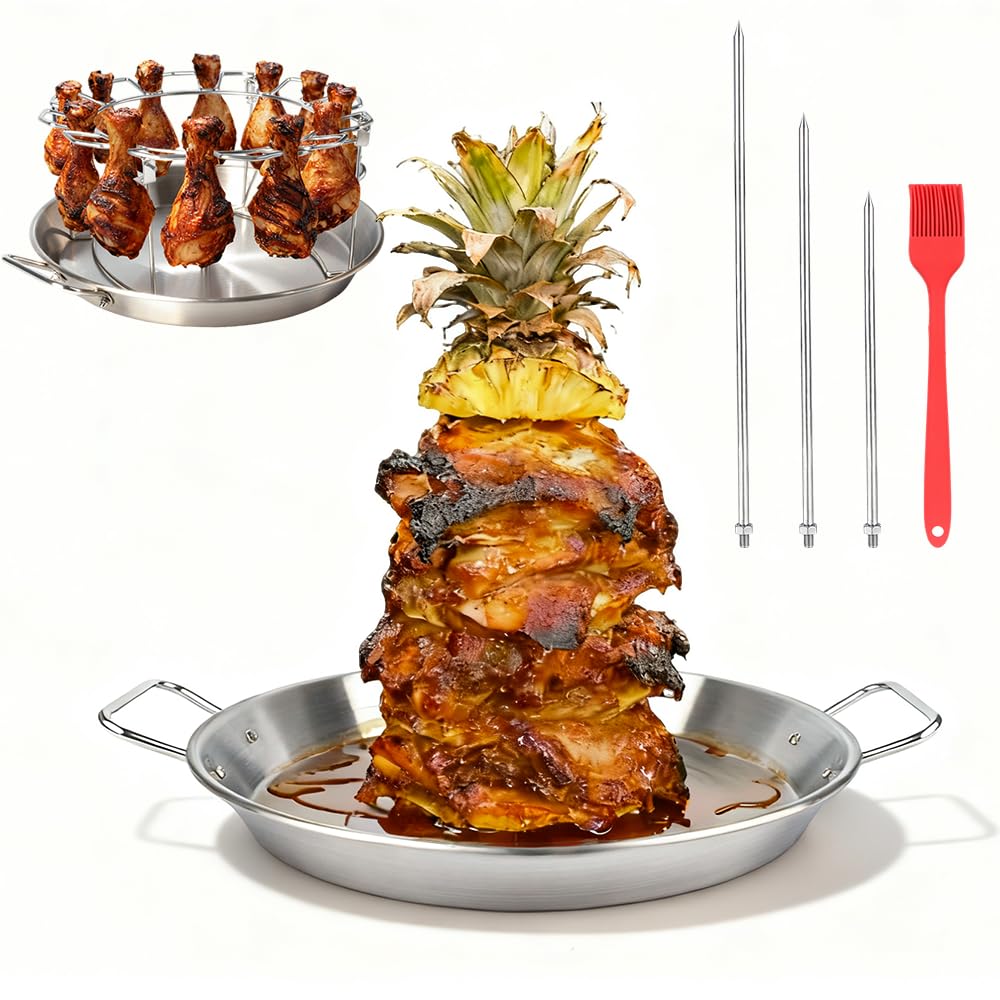 DOLAMOTY front view assembled vertical skewer set showing base and rack, ideal for even roasting