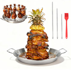 DOLAMOTY front view assembled vertical skewer set showing base and rack, ideal for even roasting