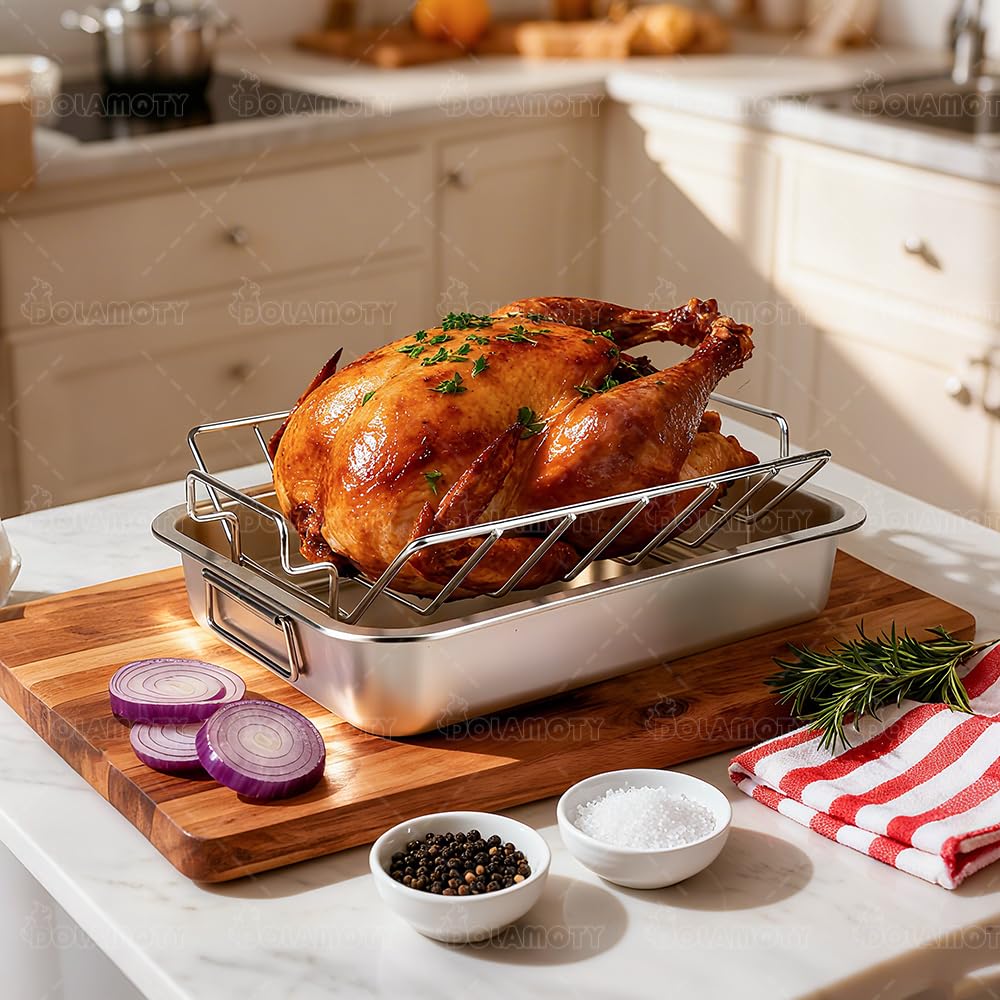DOLAMOTY turkey roasting in oven on rack demonstrating even browning and juice pooling