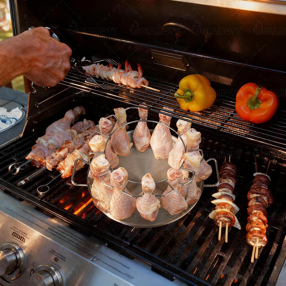 DOLAMOTY set on a backyard grill with skewers roasting meat for a street-food style meal