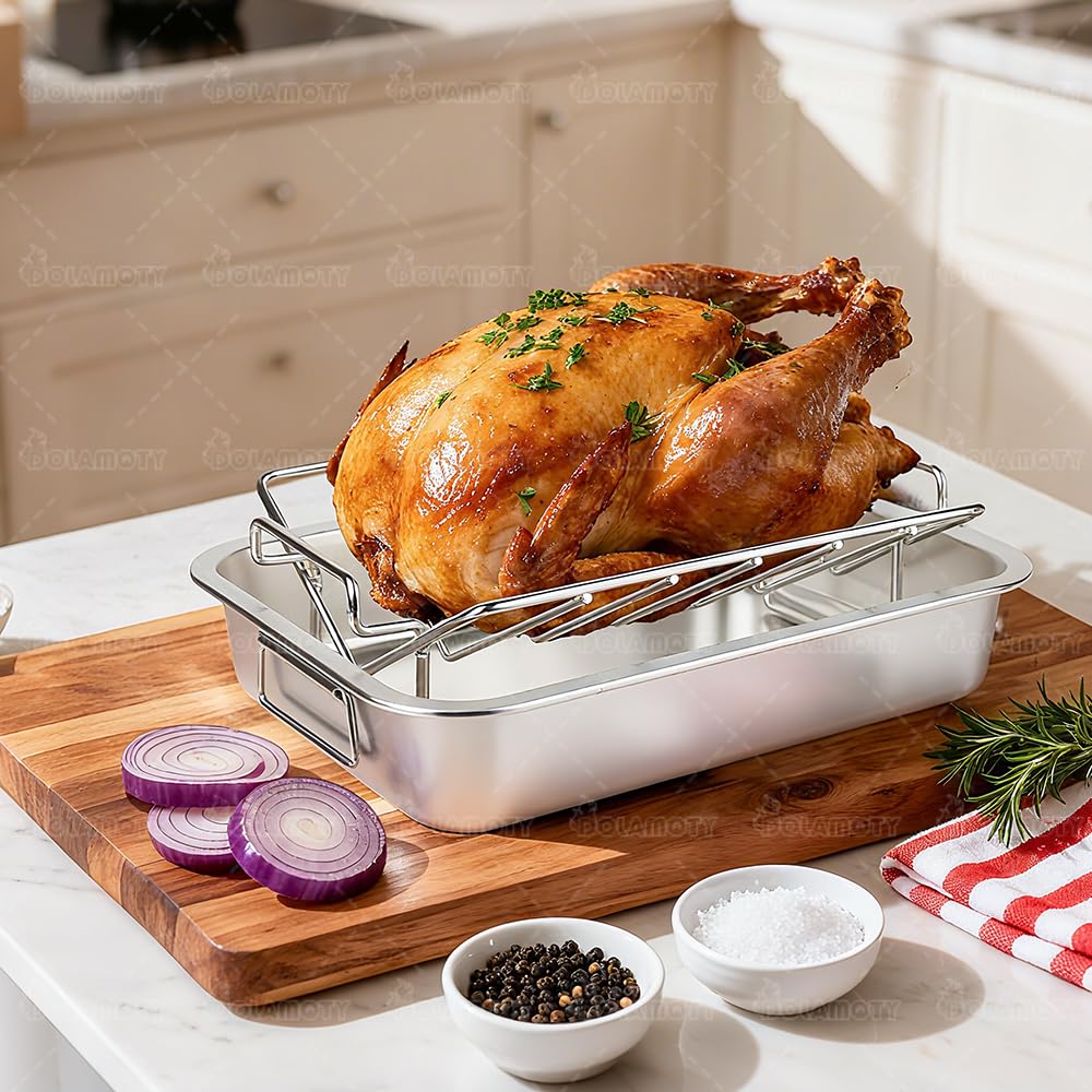 DOLAMOTY next to 12-inch plate demonstrating pan size and fit for large turkeys