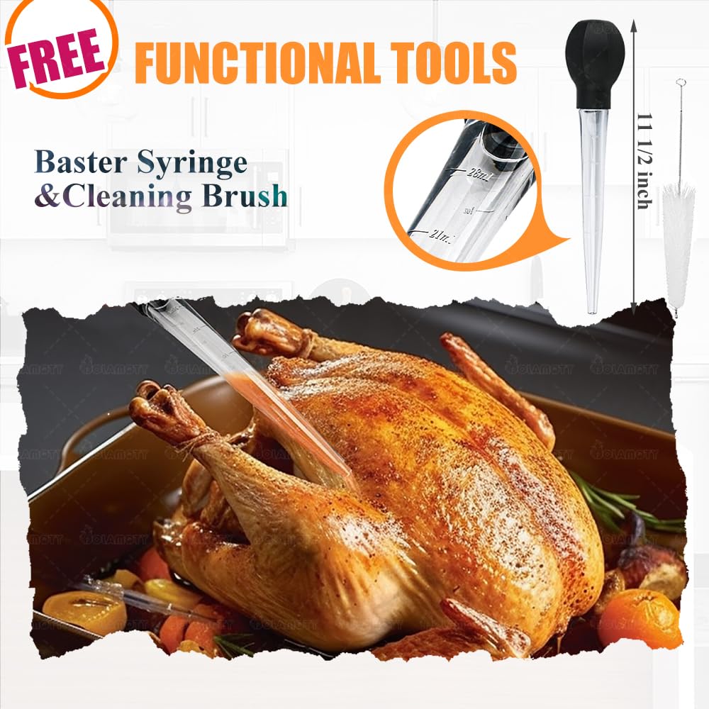 DOLAMOTY pan next to measuring tape showing capacity for turkeys up to 25 pounds