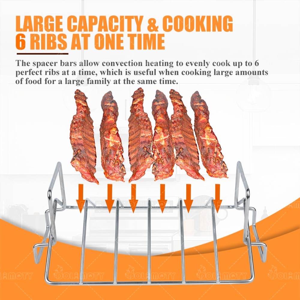 DOLAMOTY rack holding six ribs on grill enabling even convection cooking benefit