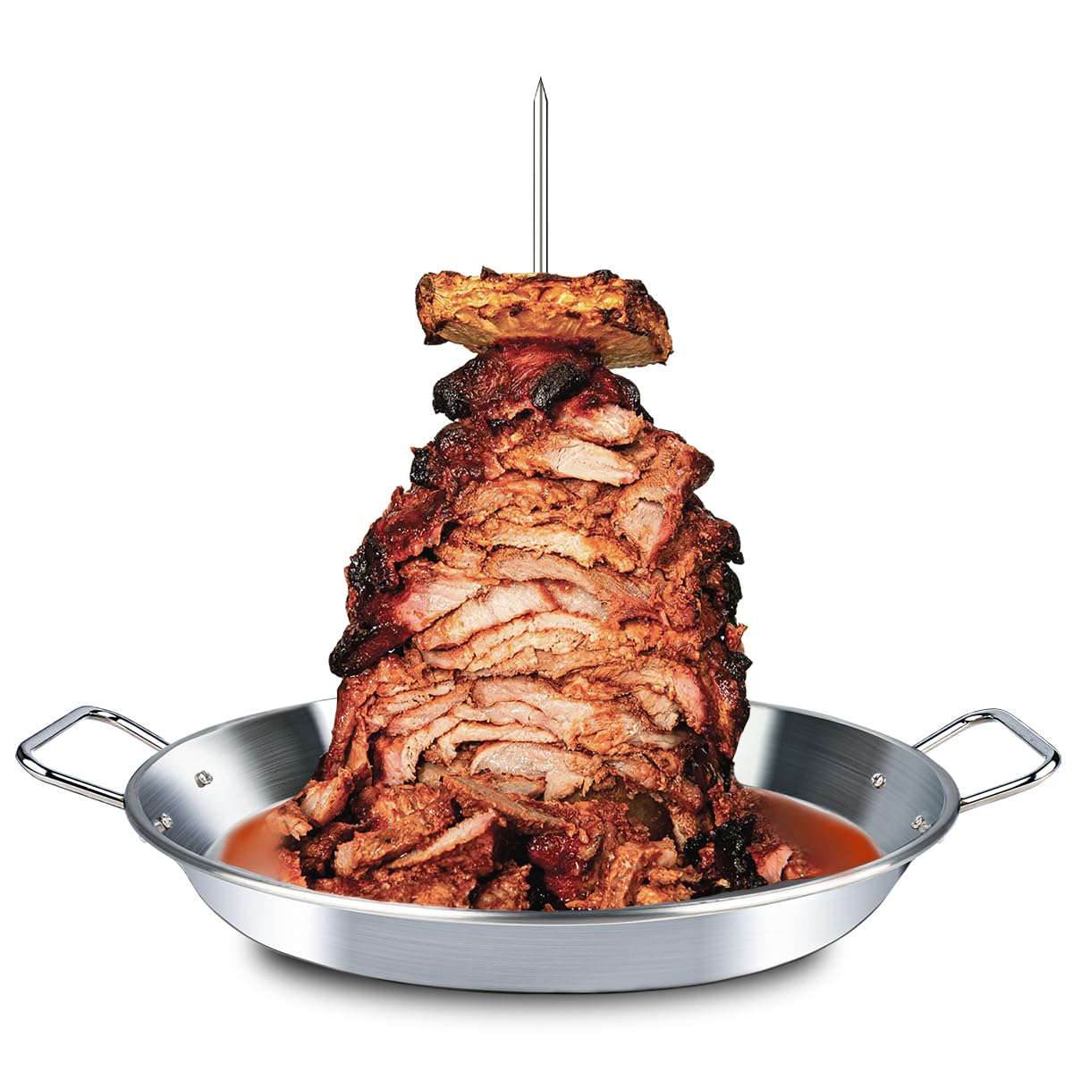 DOLAMOTY vertical skewer pan front view showing sturdy stand and rod
