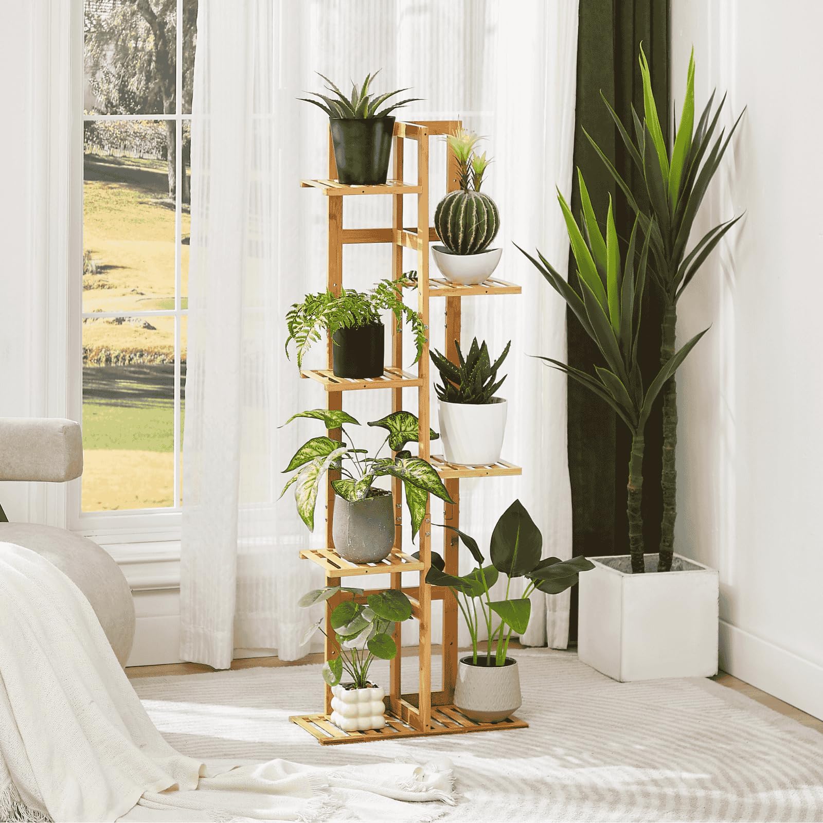 DolceLuna plant stand placed in corner showcasing space-saving benefit