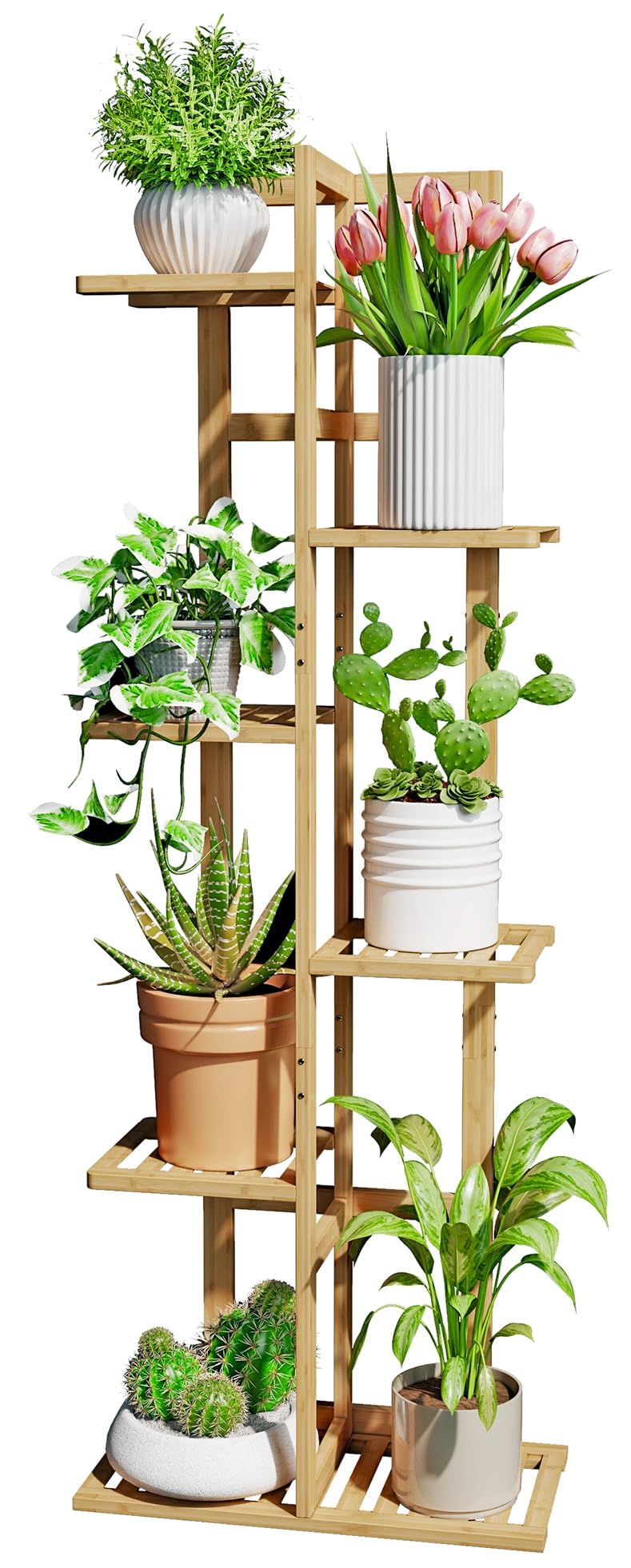 DolceLuna front view of bamboo plant stand showing layered display benefit