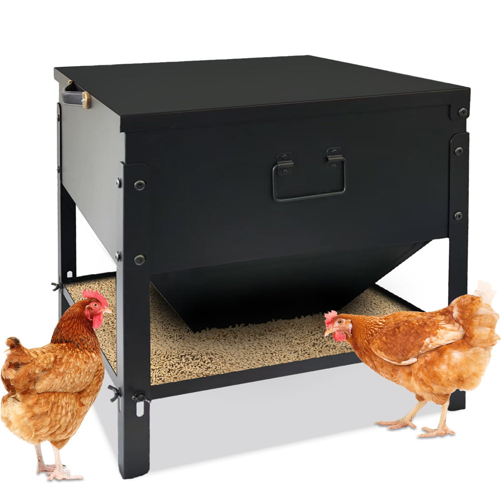 DOLEMODUO front view showing durable galvanized feeder and dry feed benefit