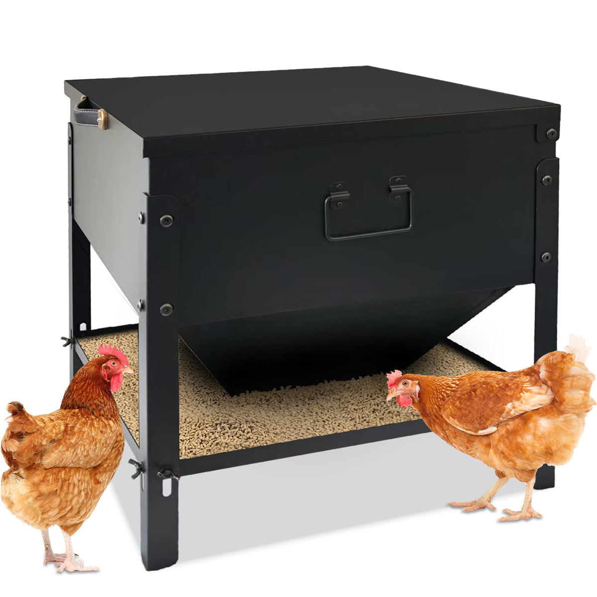 DOLEMODUO front view showing durable galvanized feeder and dry feed benefit