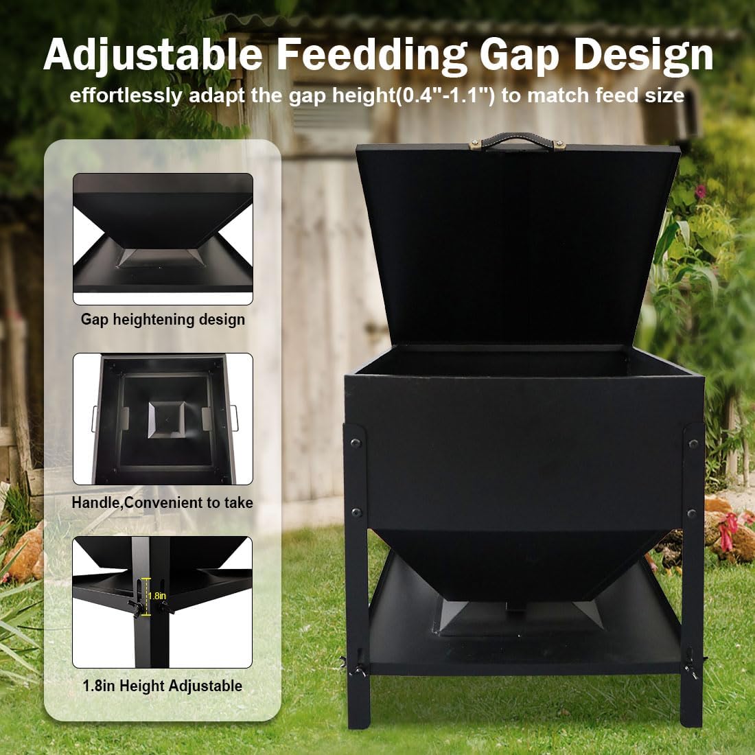 DOLEMODUO open lid revealing 60 lb capacity for long-lasting feed storage