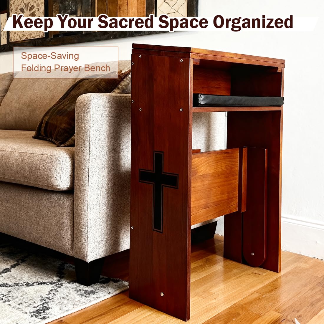 DOLEMODUO lower shelf storing Bible and rosary for organized devotional items