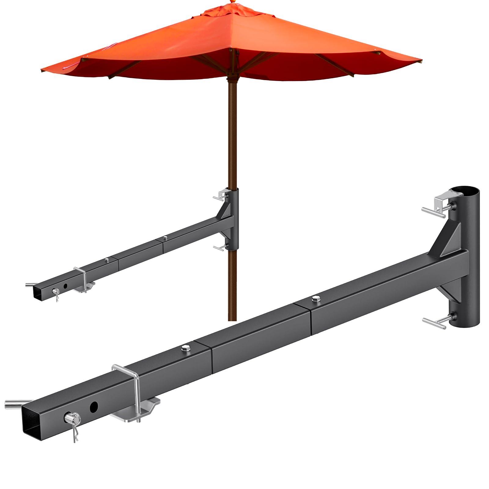 Dolibest front view of hitch-mounted umbrella holder showing stable base and shade benefit