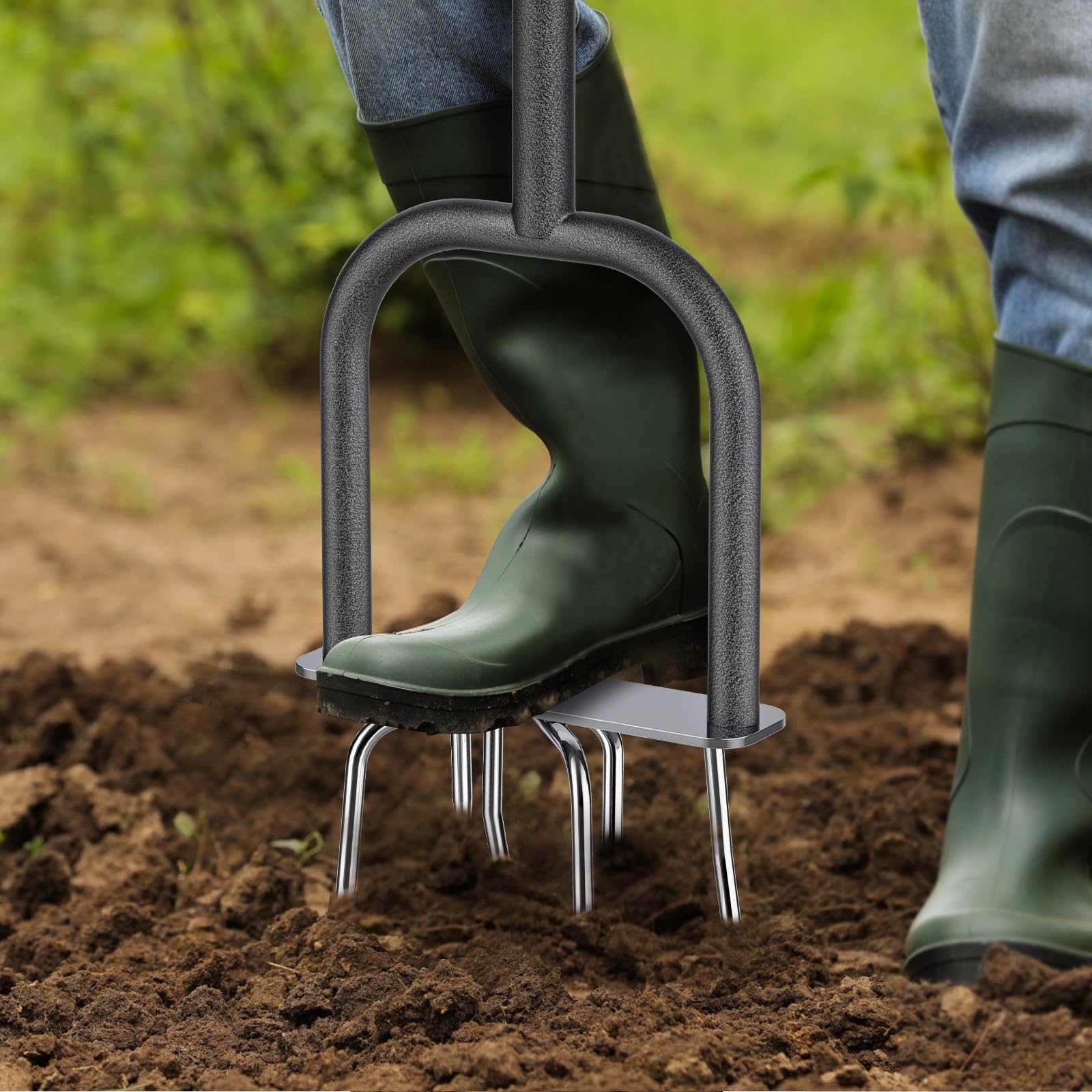 Dolibest hand tiller in use on raised bed showing efficient loosening and aerating benefit