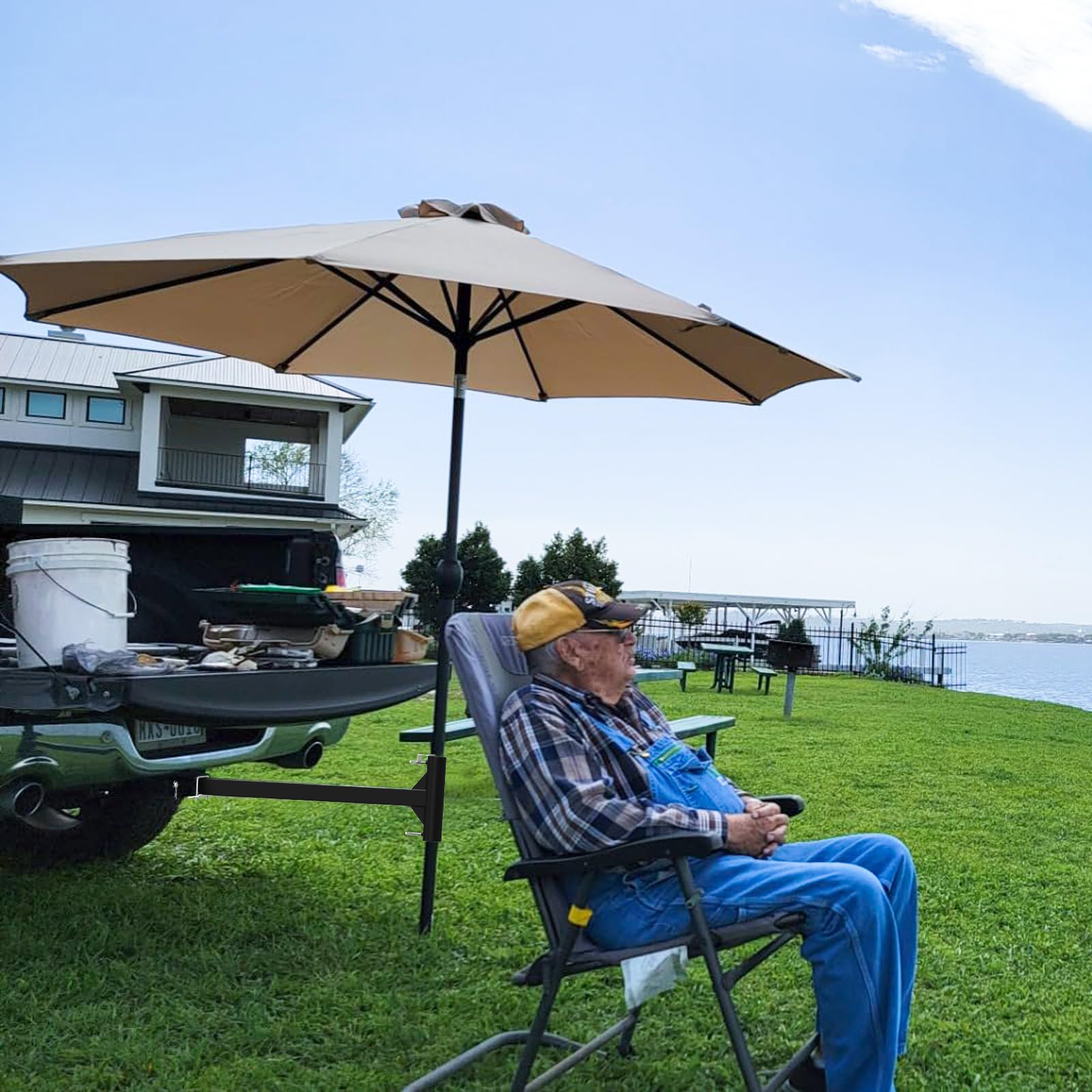 Dolibest lifestyle tailgate setup with umbrella providing shade benefit: comfortable outdoor gatherings