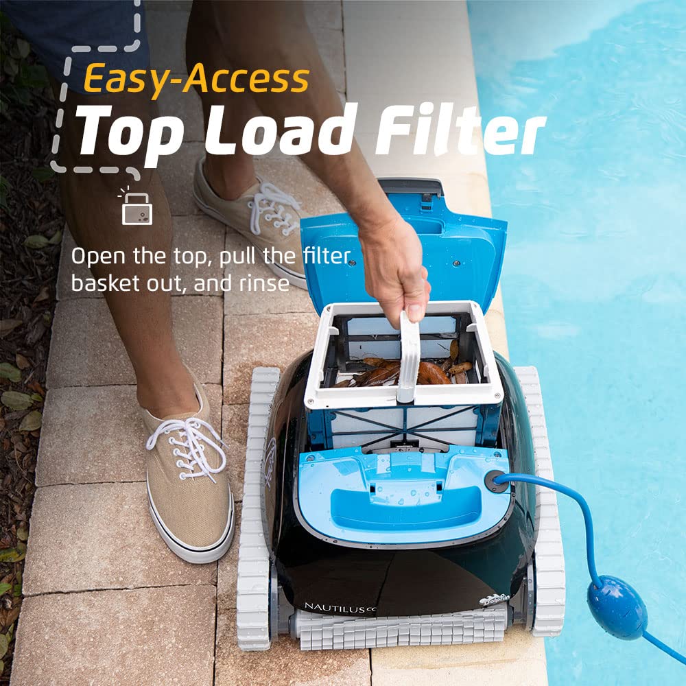 Dolphin Nautilus CC top-load filter closeup for easy maintenance and fast rinsing