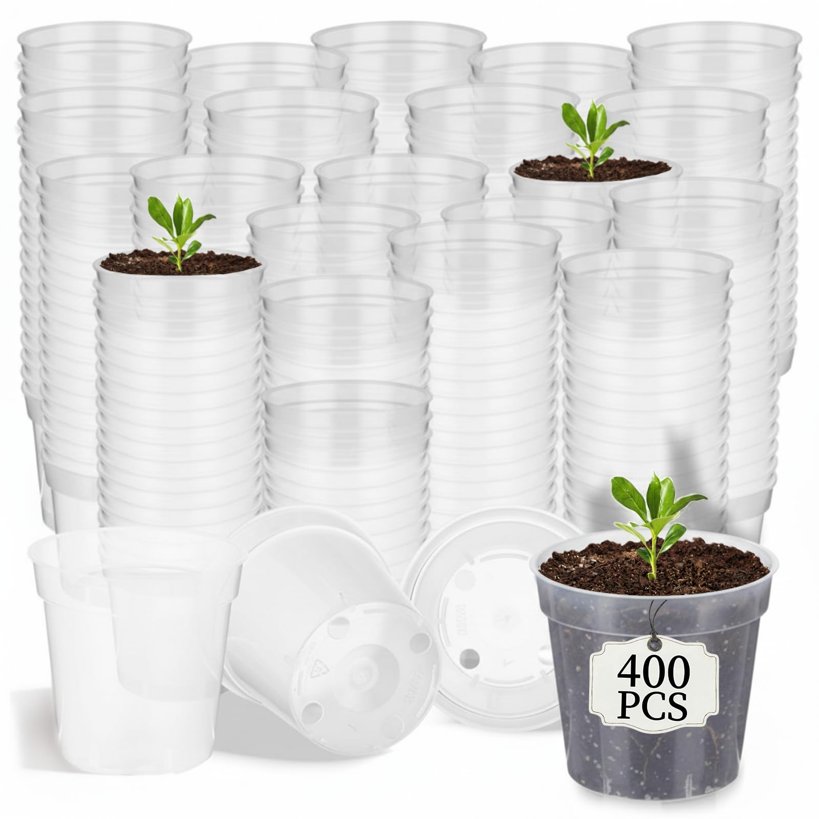 Domensi front pack of 400 clear 2-inch pots showing quantity and compact storage benefit