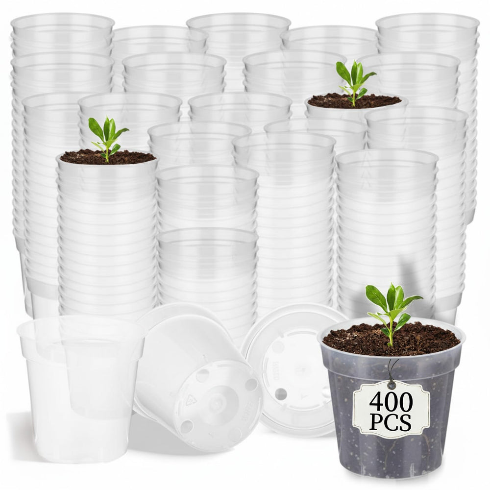 Domensi front pack of 400 clear 2-inch pots showing quantity and compact storage benefit
