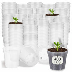 Domensi front pack of 400 clear 2-inch pots showing quantity and compact storage benefit